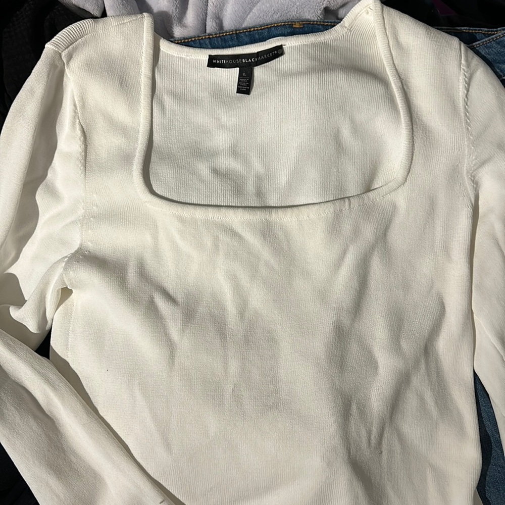 Long sleeve square neck stretchy top with studded sleeves off white